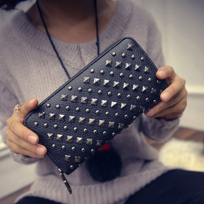 Women Bags Guess - กระเป๋าใส่เหรียญอเนกประสงค์สไตล์วินเทจของผู้หญิงกระเป๋าเงินทรงคลัทช์กระเป๋าสตางค์ใส่นามบัตรหมุดย้ำสไตล์พังก์ป๊อปสุดหรูแบรนด์ดัง