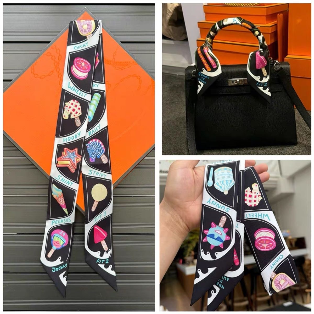 Women Bags Polene - ใหม่ไอศกรีมพิมพ์ผ้าไหมเช่นผ้าพันคอยาวสําหรับกระเป๋าจับตกแต่งผม Tie อุปกรณ์เสริมของขวัญผู้หญิงจัดส่งฟรี