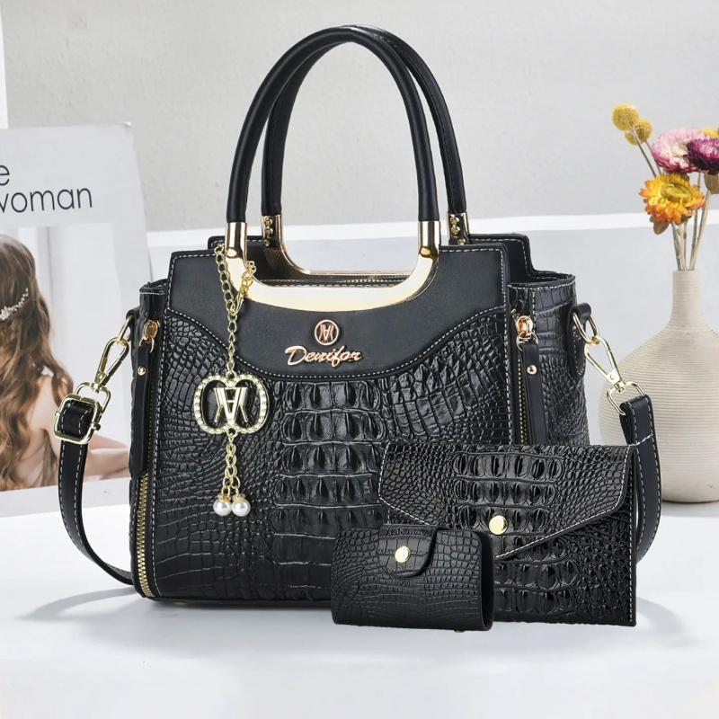 Women'S Crossbody Bags - ชุดกระเป๋าถือลายหนังจระเข้สำหรับผู้หญิง 3 ชิ้น กระเป๋าโท้ทขนาดใหญ่สีสันตัดกัน กระเป๋าสะพายไหล่แฟชั่น