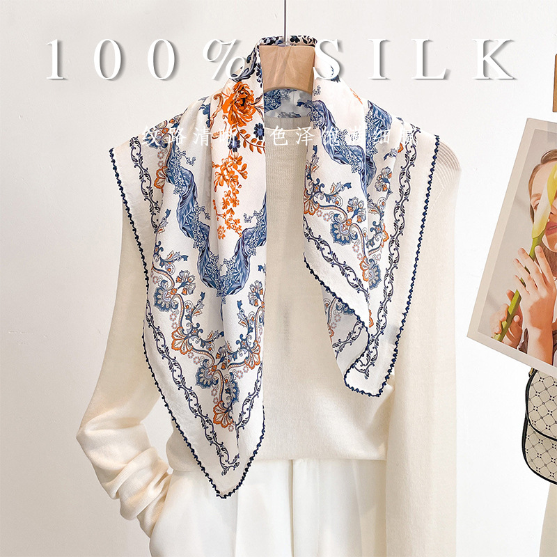 Women'S Retro Bags - ผ้าพันคอไหมมัลเบอร์รี่แท้ 100% ขนาด 70 ซม. ลายดอกไม้สไตล์บาโรกย้อนยุค