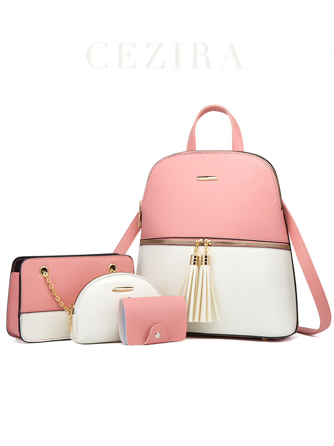 Women'S Vegan Bags - ชุดกระเป๋า4ชิ้นดีไซน์แฟชั่นของผู้หญิงกระเป๋าหนัง PU กระเป๋าสะพายหลังหนังแท้วีแกนหรูหรามีพู่สีตัดกันกระเป๋าสายโซ่ขนาดเล็กกระเป๋าใส่บัตร