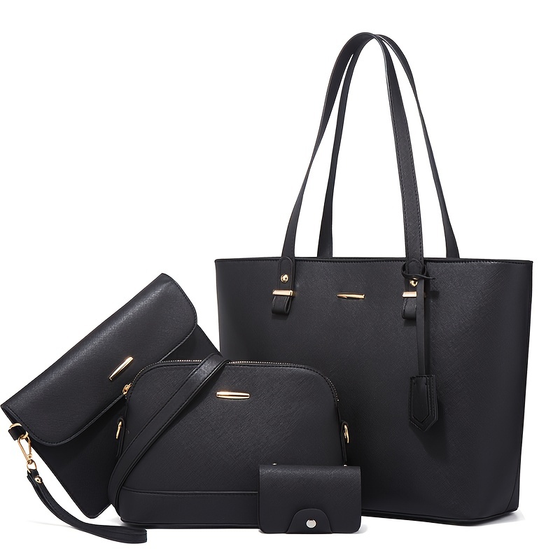 Women'S Bags Cross Body - ชุดกระเป๋าแฟชั่นผู้หญิง 4 ชิ้น สีพื้น กระเป๋าสะพายไหล่ทรงโท้ท สไตล์เรโทร