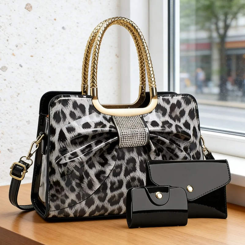 Women'S Crossbody Bags - กระเป๋าผู้หญิงลายเสือดาวผูกโบว์ผีเสื้อ, กระเป๋าสะพายไหล่ทำจากวัสดุ PU คุณภาพสูง, กระเป๋าสะพายข้างความจุขนาดใหญ่